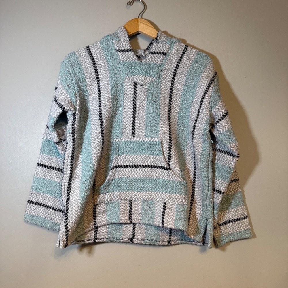 Baja Joe Mint Green Striped Mexican Baja Hoodie Poncho Pullover‎ Small